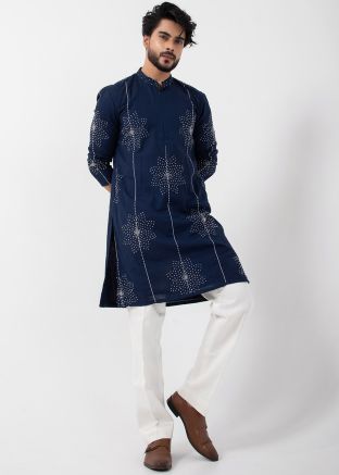 Blue Readymade Embroidered Kurta Pajama In Cotton