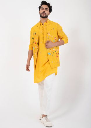 Yellow Readymade Men Kurta Pajama With Nehru Jacket 