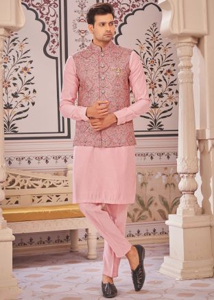 Pink Kurta Pajama With Printed Nehru Jacket