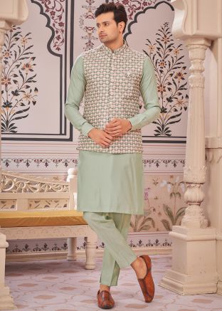 Men Green Kurta Pajama With Printed Nehru Jacket