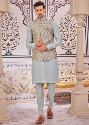 Men Blue Kurta Pajama With Embroidered Nehru Jacket