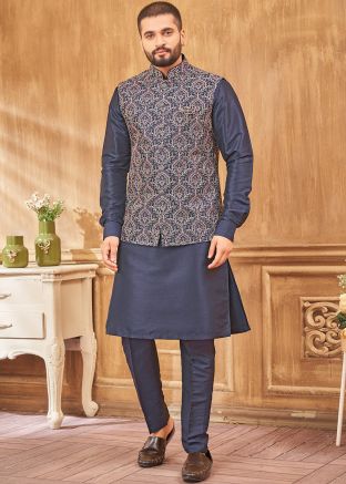 Navy Blue Kurta Pant With Embroidered Nehru Jacket