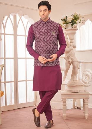 Magenta Kurta & Pant With Embroidered Nehru Jacket