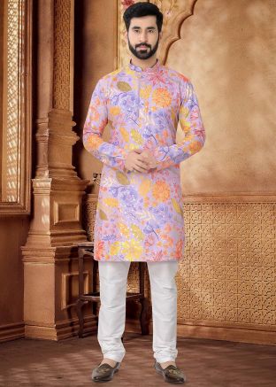 Purple Floral Print Kurta Set In Cotton