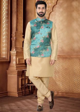 Golden Kurta Set With Woven Nehru Jacket