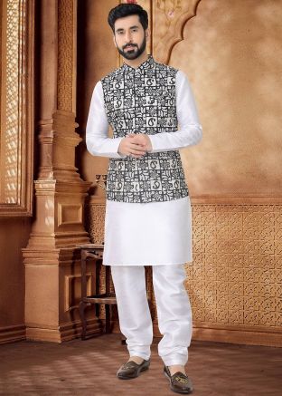 White Kurta Set With Foil Print Nehru Jacket
