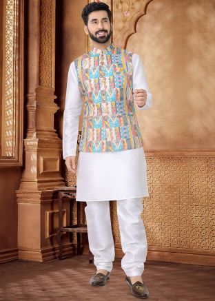White Kurta Set With Foil Print Nehru Jacket