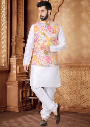 White Kurta Set With Foil Print Nehru Jacket In Silk