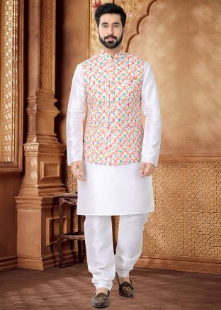 White Kurta Set With Embroidered Nehru Jacket