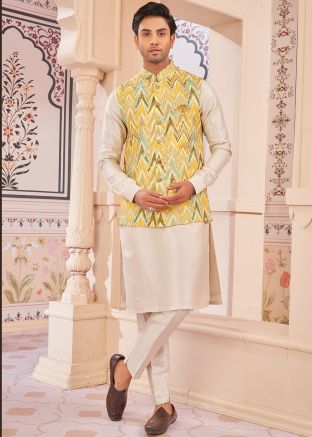 Men Kurta Pant With Woven Nehru Jacket In Cream
