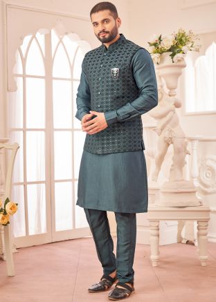 Men Kurta Pant With Embroidered Nehru Jacket In Dark Grey