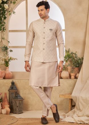 Men Beige Kurta Pant With Embellished Nehru Jacket