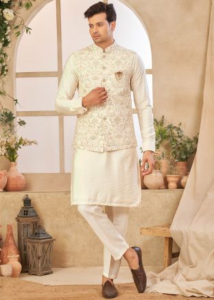 Men Kurta Pant With Embellished Nehru Jacket In Cream