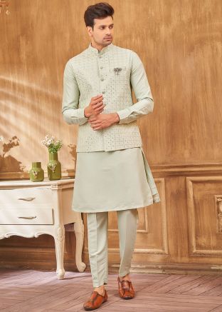 Pastel Green Kurta Pant With Embellished Nehru Jacket