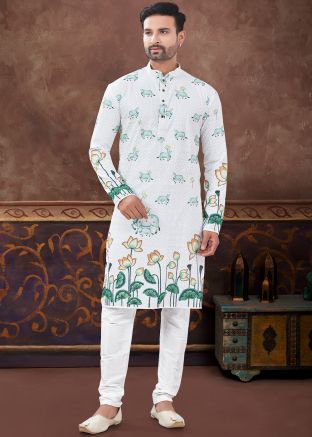 Off White Readymade Embroidered Men Rayon Kurta Pajama Set