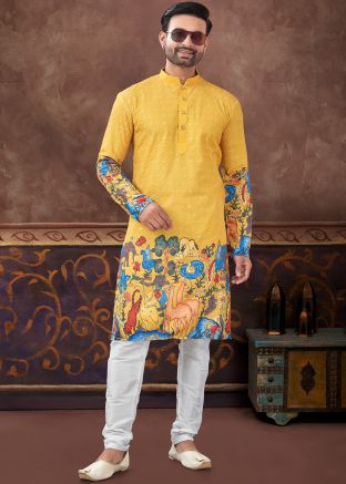 Readymade Yellow Embroidered Rayon Men Kurta Pajama
