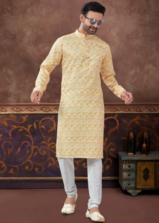 Yellow Readymade Digital Print Men Kurta Pajama Set In Jacquard