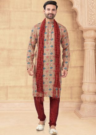 Multicolor Jacquard Readymade Men Kurta Pajama In Digital Print