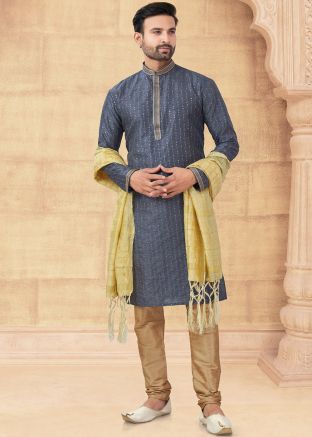 Grey Readymade Art Silk Men Kurta Pajama In Thread Embroidery