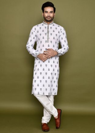 White Readymade Printed Men Kurta Pajama In Cotton