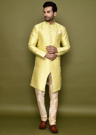 Yellow Readymade Jacquard Men Indowestern Sherwani In Woven Work