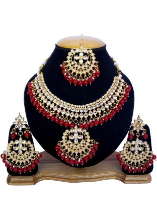 Pearl Maroon Stone Studded Kundan Necklace Set