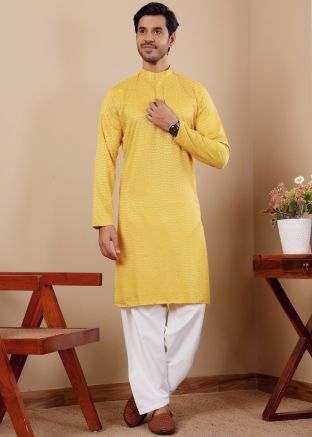 Yellow Men Chikankari Embroidered Kurta Pajama