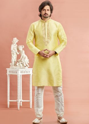 Yellow Embroidered Readymade Art Silk Men Kurta Pajama