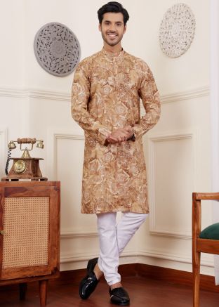 Men Light Brown Printed Kurta Pajama