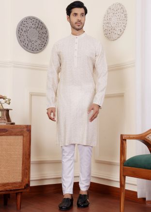Men Off White Printed Readymade Kurta Pajama