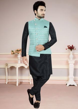 Black Kurta Pajama With Woven Nehru Jacket