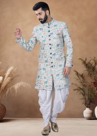 Multicolor Readymade Men Indowestern Sherwani With Dhoti In Embroidery