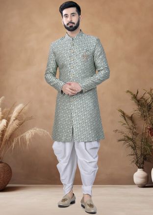 Sage Green Readymade Jacquard Men Indowestern Sherwani With Dhoti In Print