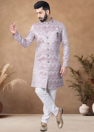 Onion Pink Readymade Woven Men Indowestern Sherwani In Jacquard 