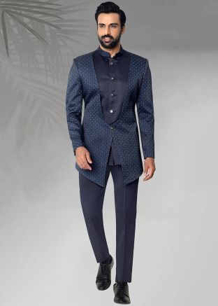 Navy Blue Woven Men Bandhgala Jodhpuri Suit