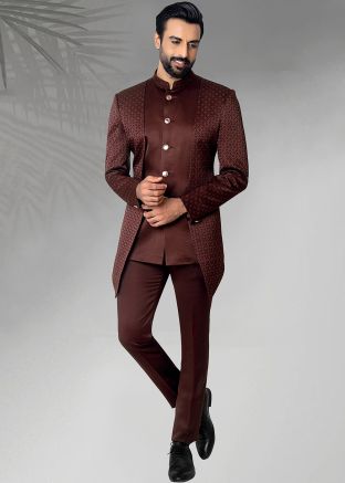 Maroon Asymmetric Bandhgala Jodhpuri Suit In Woven