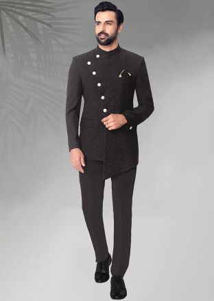 Black Woven Men Asymmetric Bandhgala Jodhpuri Suit