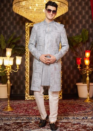 Grey Embroidered Indo Western Sherwani With Jacket