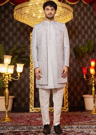 Grey Embroidered Indo Western Sherwani With Jacket