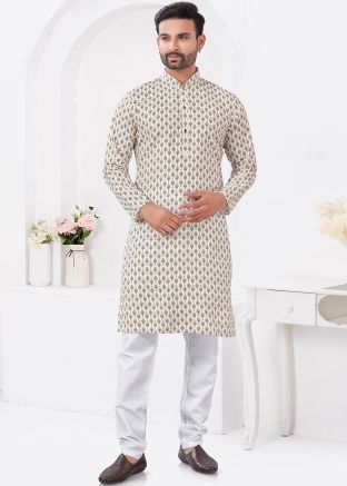 Cream Digital Print Kurta Pajama In Cotton