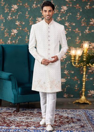White Embroidered Sherwani In Art Silk