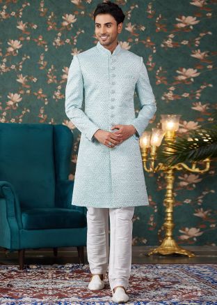  Blue Embroidered Men Sherwani In Art Silk