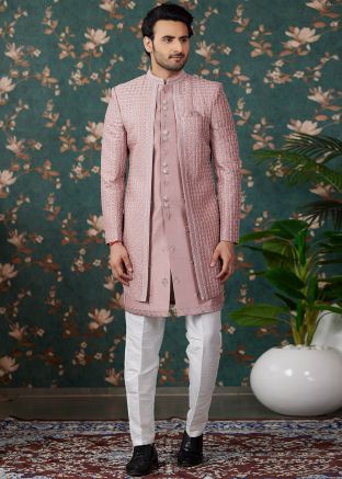 Pink Embroidered Indo Western Sherwani With Jacket