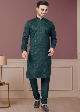 Green Men Embroidered Silk Kurta Pajama Set