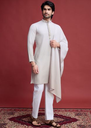 Beige Men Embroidered Kurta With Stole