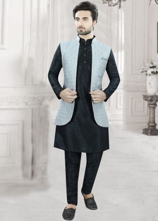 Black Kurta Pajama With Embroidered Nehru Jacket