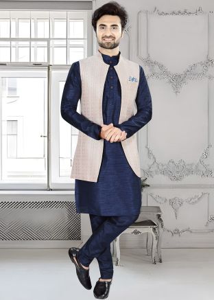 Blue Men Kurta Pajama With Nehru Jacket