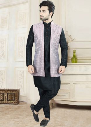 Black Kurta Pajama With Woven Nehru Jacket