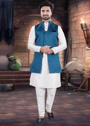 White Kurta Pajama With Woven Nehru Jacket