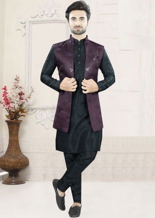 Black Embroidered Kurta Pajama With Nehru Jacket